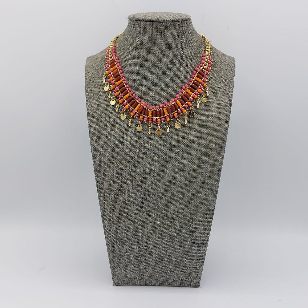 New Jewelry Box Necklace Bib Collar Beaded Orange Pink Metal Fringe Coin Charm